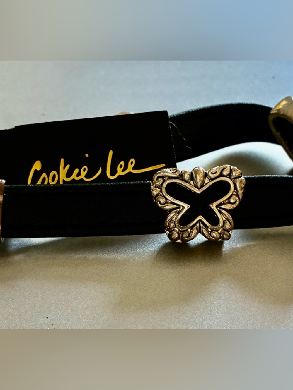 🦋🩶⭐️ 3 Charm Silver Tone on Black Faux Leather Bracelet by Cookie Lee